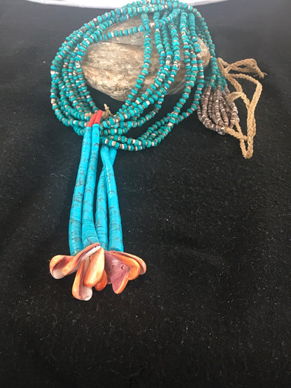 Mens Turquoise Bead 9 Strands Navajo Pearls Sterling Silver Necklace 08451