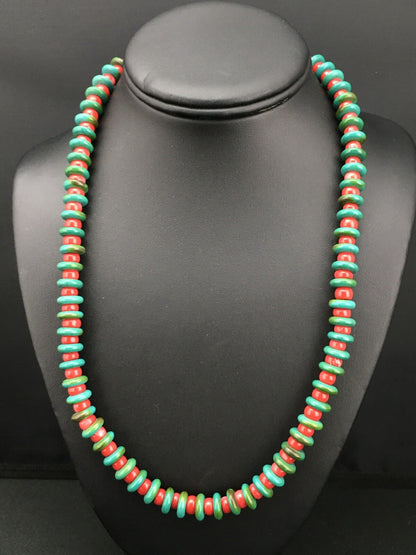 Native Mens Turquoise & Coral Bead Navajo Sterling Silver Necklace 22" 3712