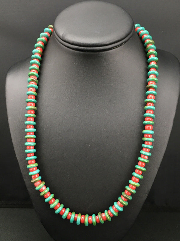 Men's Turquoise Coral Bead Navajo Necklace 22" | Sterling Silver | Authentic Native American Handmade | 3712