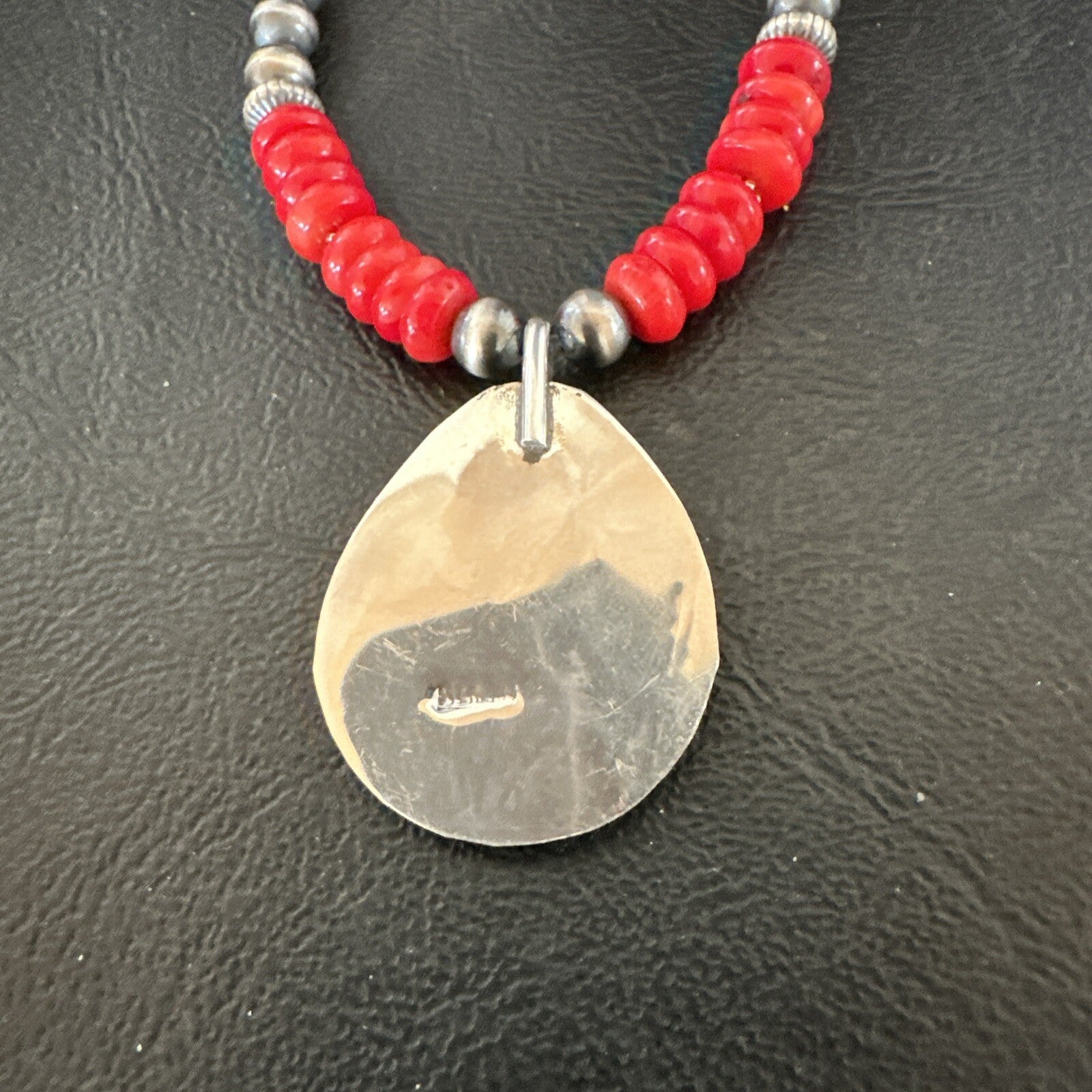 Mens Red Coral BearPaw Pendant Navajo Pearls Sterling Silver Necklace 17883