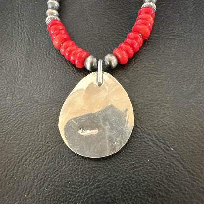 Mens Red Coral BearPaw Pendant Navajo Pearls Sterling Silver Necklace 17883