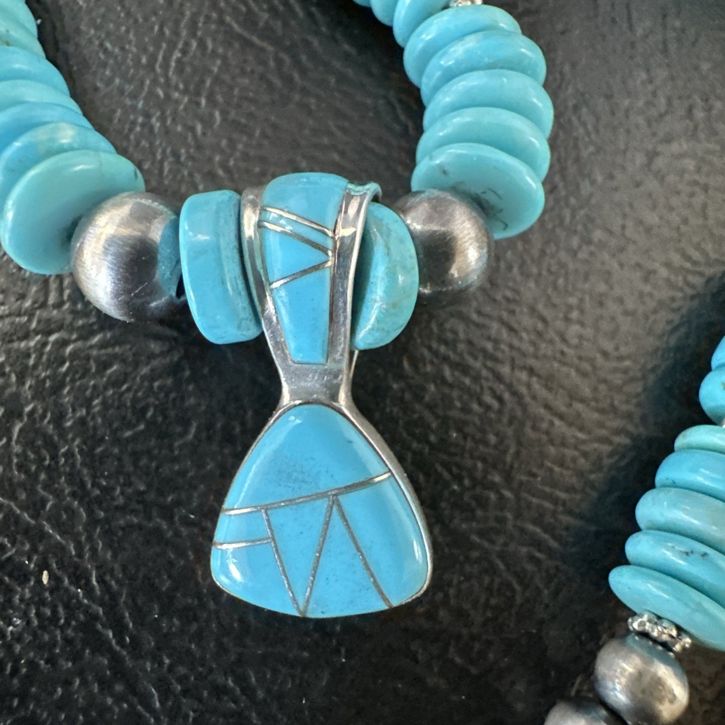 Blue Turquoise Inlay Pendant Navajo Sterling Silver Necklace 19513