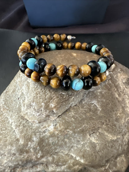 Blue Turquoise Coffee Tigers Eye Navajo Stainless Memory Wire Bracelet 19695