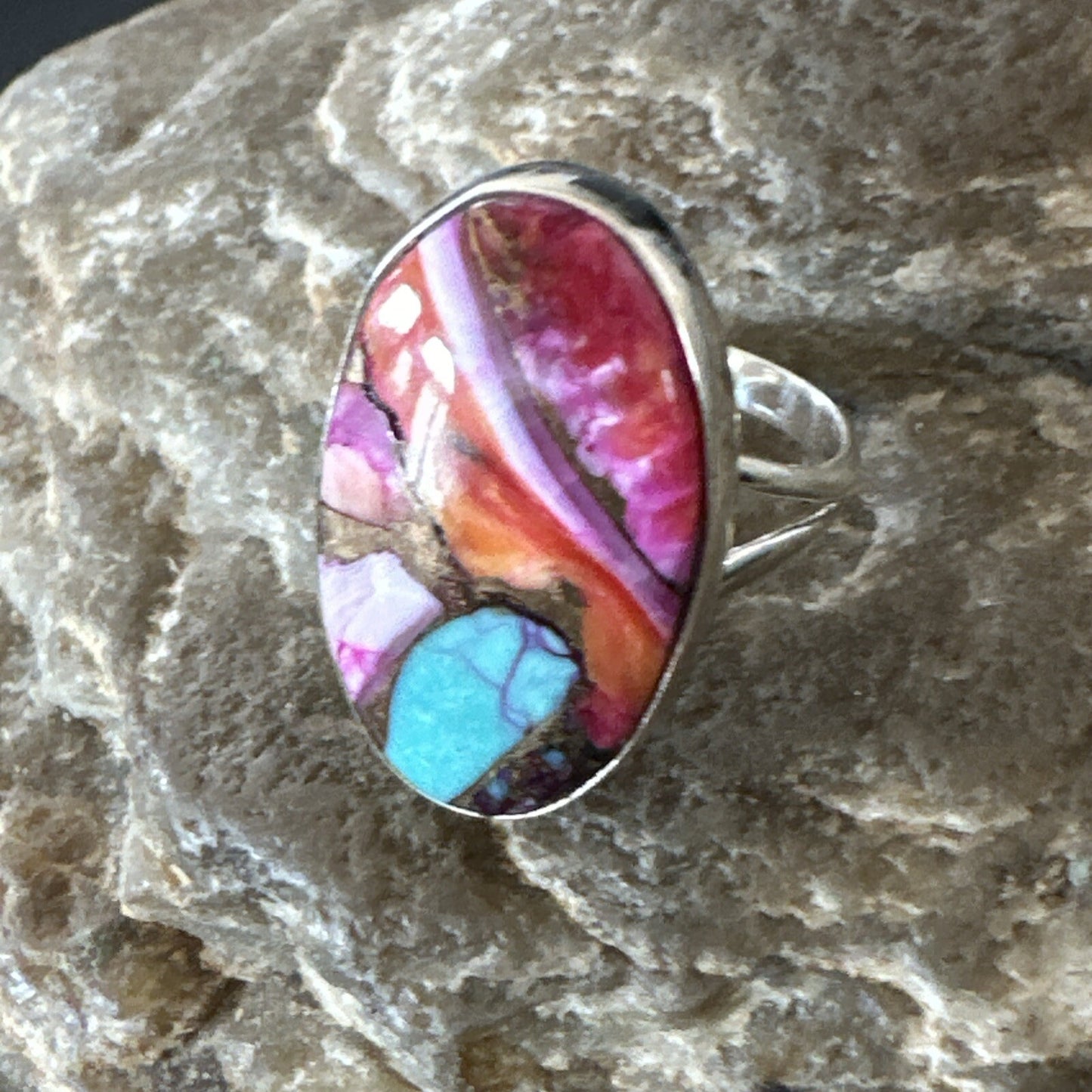 Blue Turquoise Spiny Oyster Southwestern Sterling Silver Ring Size 7 18497