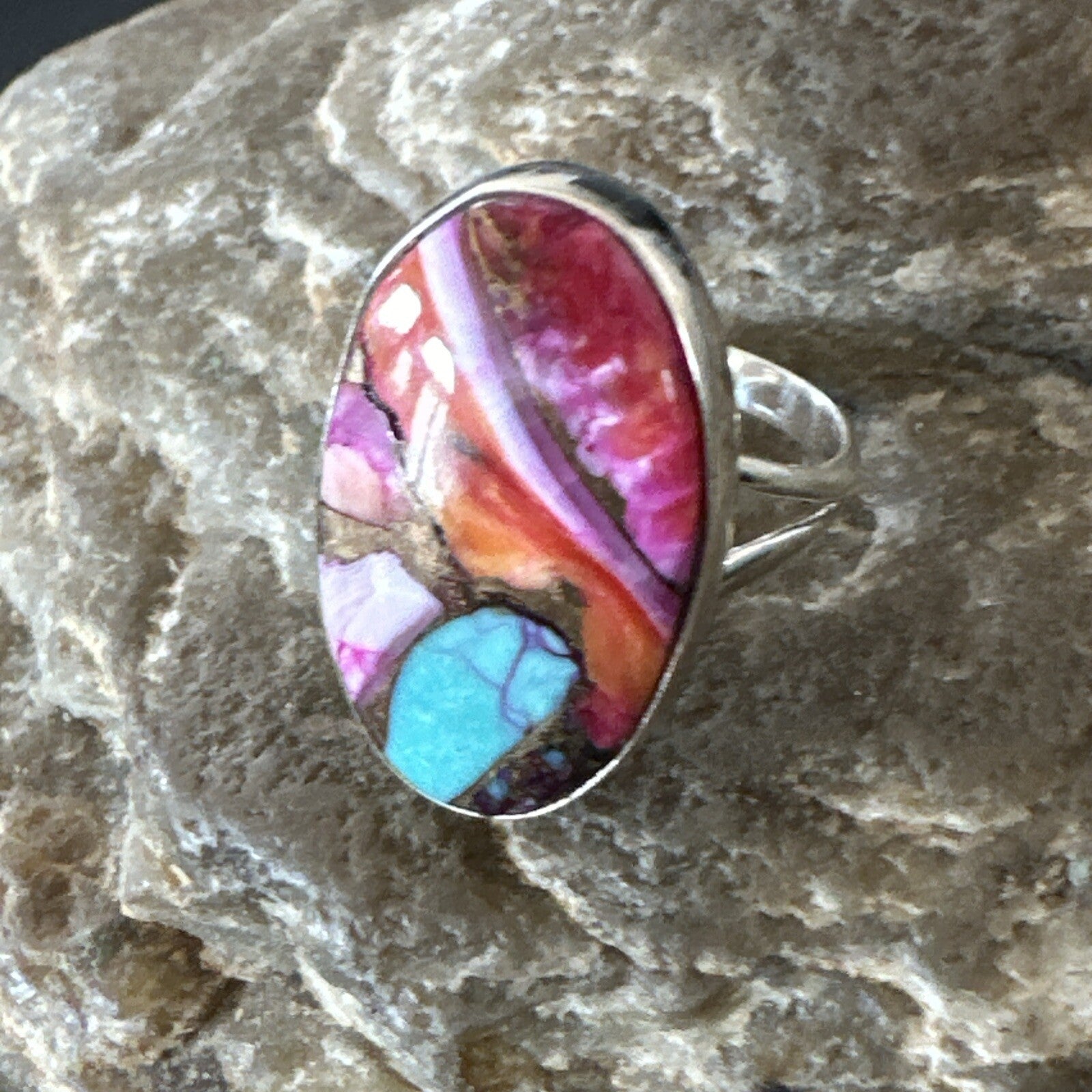 Blue Turquoise Spiny Oyster Southwestern Sterling Silver Ring Size 7 18497