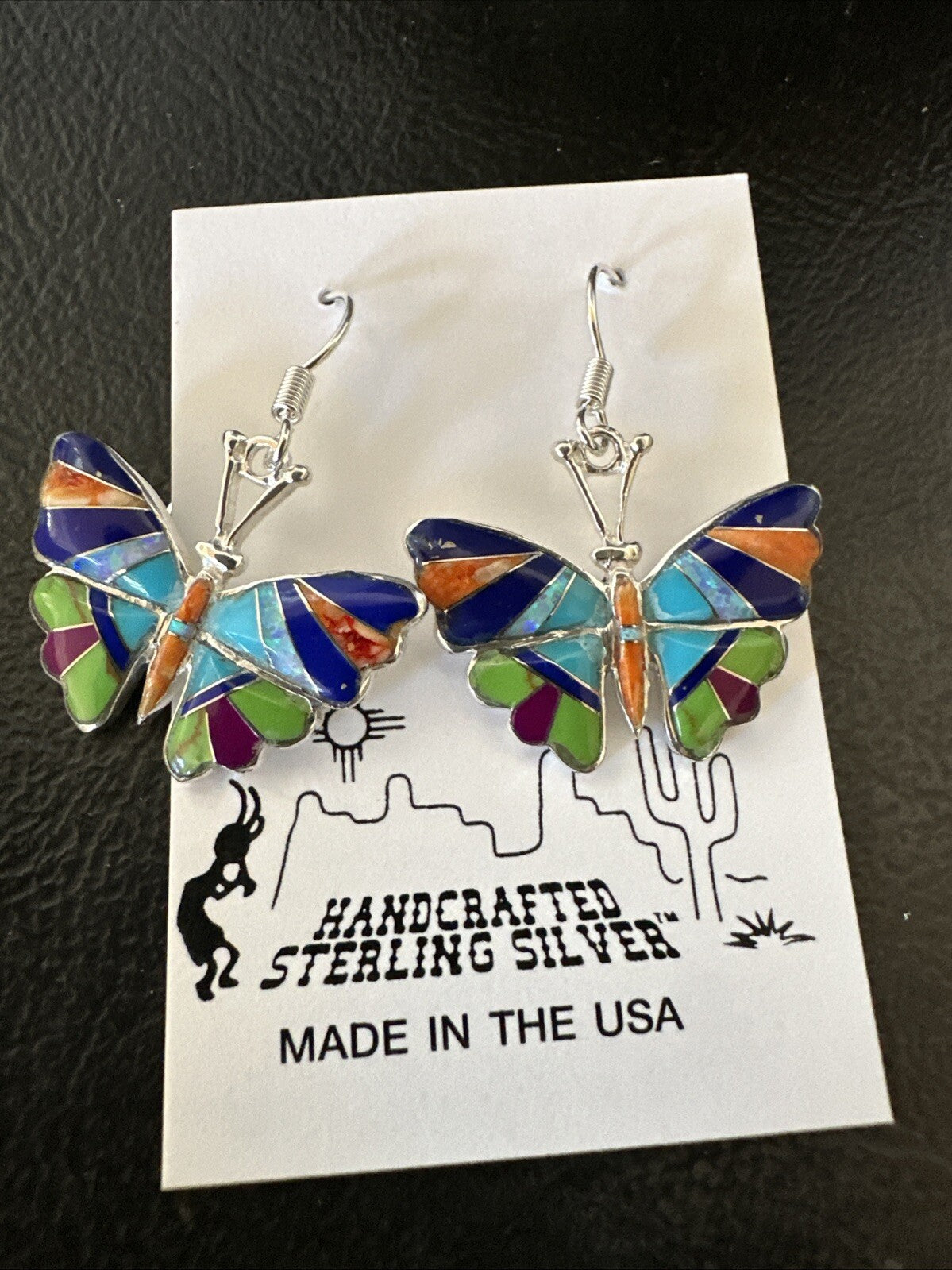 Butterfly Multicolor Spiny Lapis Opal Inlay Sterling Silver Earrings 19141