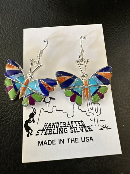Butterfly Multicolor Spiny Lapis Opal Inlay Sterling Silver Earrings 19141