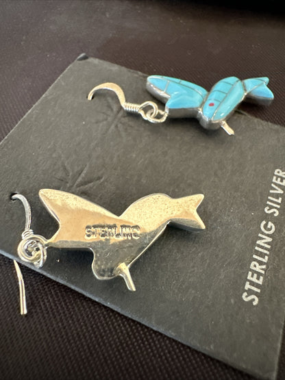 Blue Turquoise Navajo Sterling Silver Hummingbird Dangle Earrings 1424