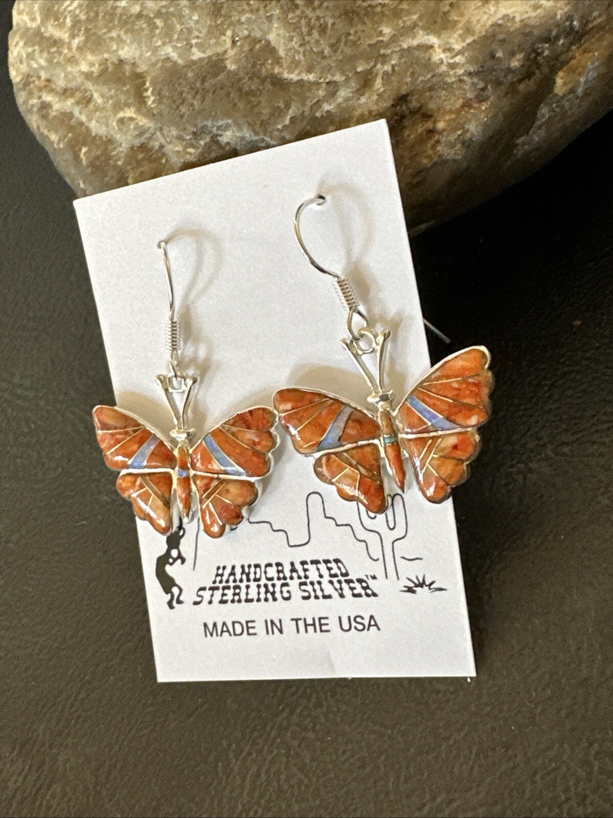 Butterfly Orange Spiny Oyster Opal Inlay Sterling Silver Dangle Earrings 18555