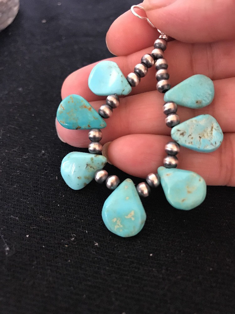 Native American Navajo Blue Cluster Turquoise Sterling Silver Earrings 10063