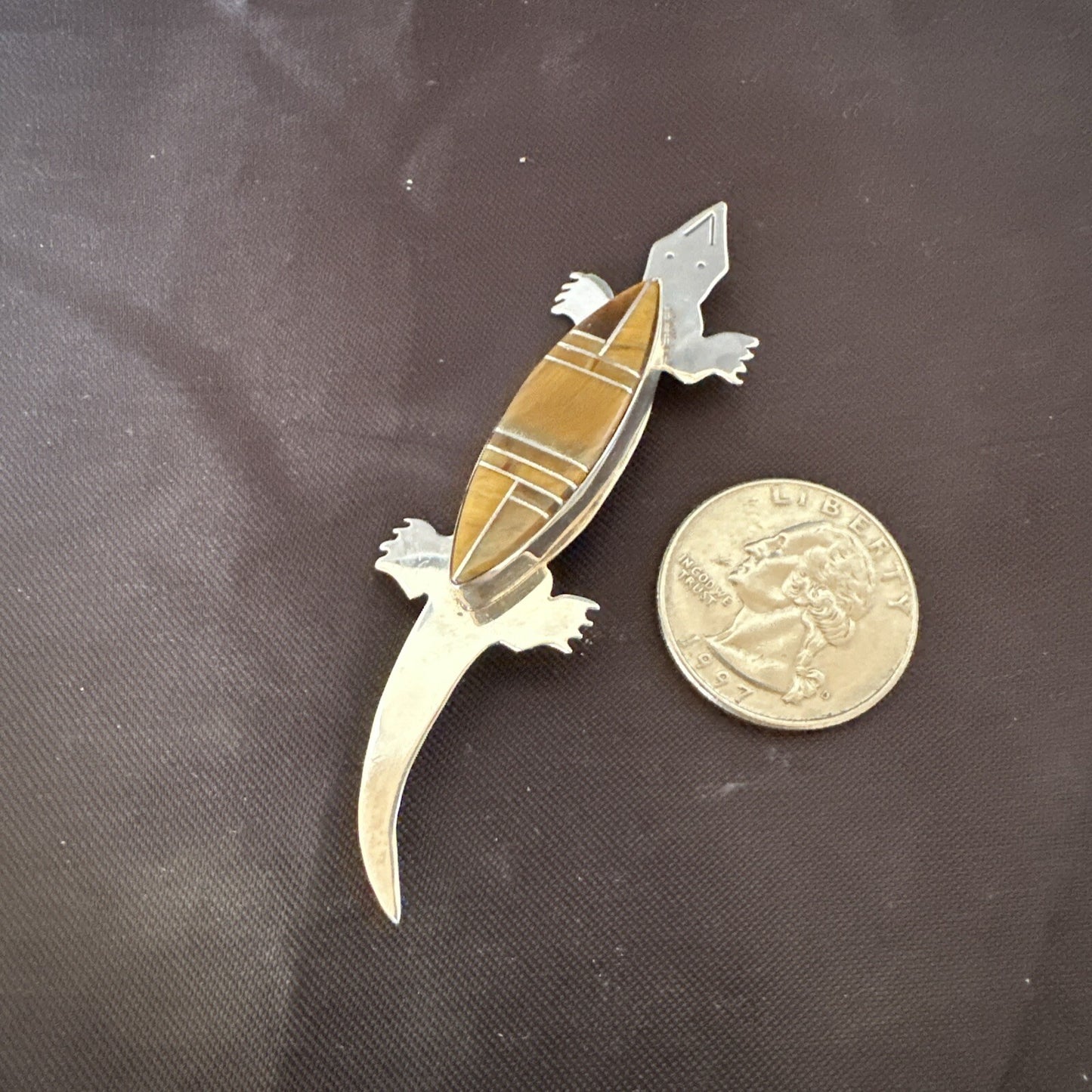 Coffee Brown Tigers Eye Navajo Gecko Sterling Silver Inlay Lizard Pin 3� 17950