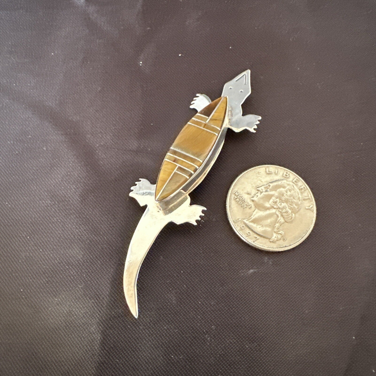Coffee Brown Tigers Eye Navajo Gecko Sterling Silver Inlay Lizard Pin 3� 17950
