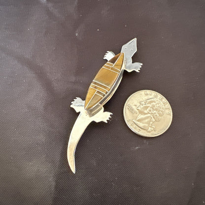 Coffee Brown Tigers Eye Navajo Gecko Sterling Silver Inlay Lizard Pin 3� 17950