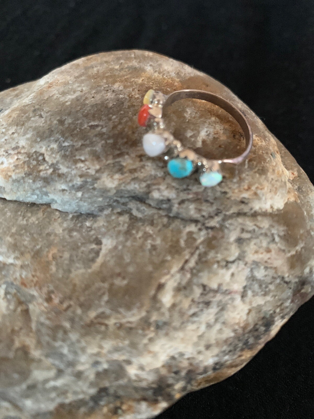 Opal Coral & Turquoise Zuni Sterling Silver Ring Size 6.5 8838
