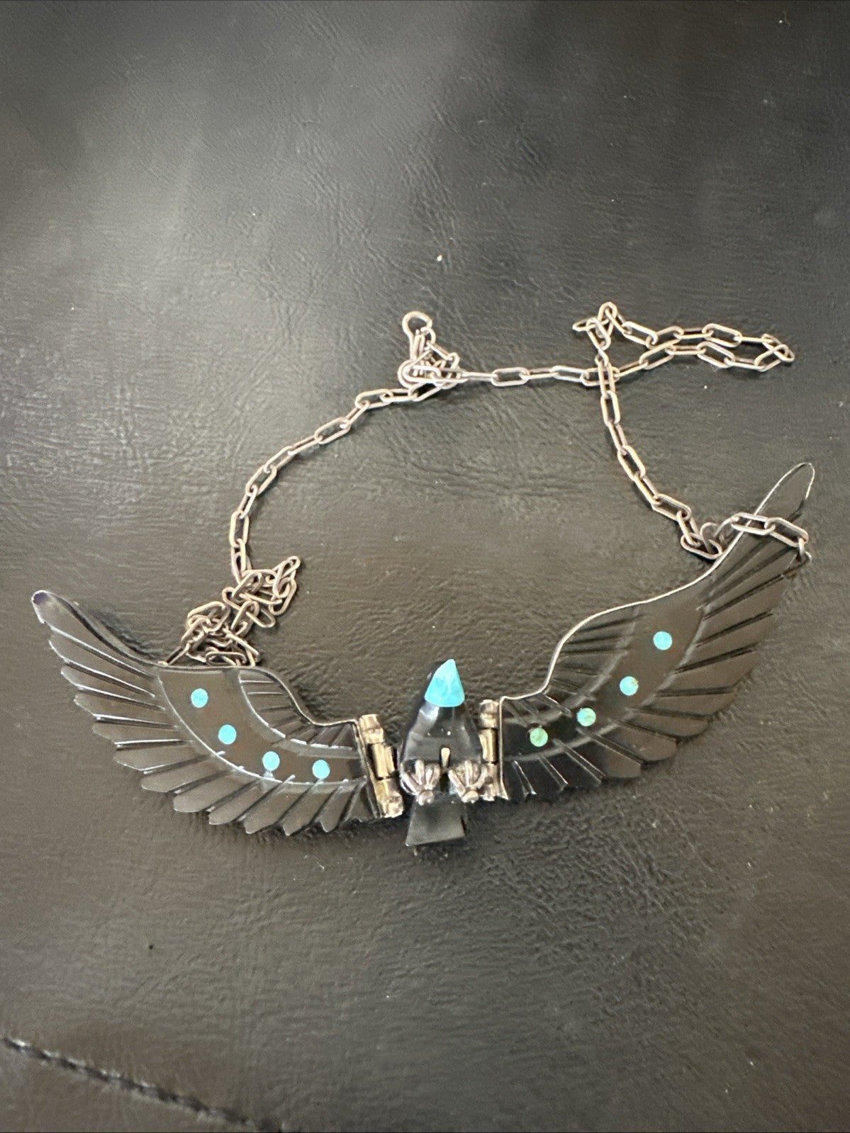 Navajo Flying Eagle 4.5"  Black Jet Turquoise Necklace F Tom 20” 19420