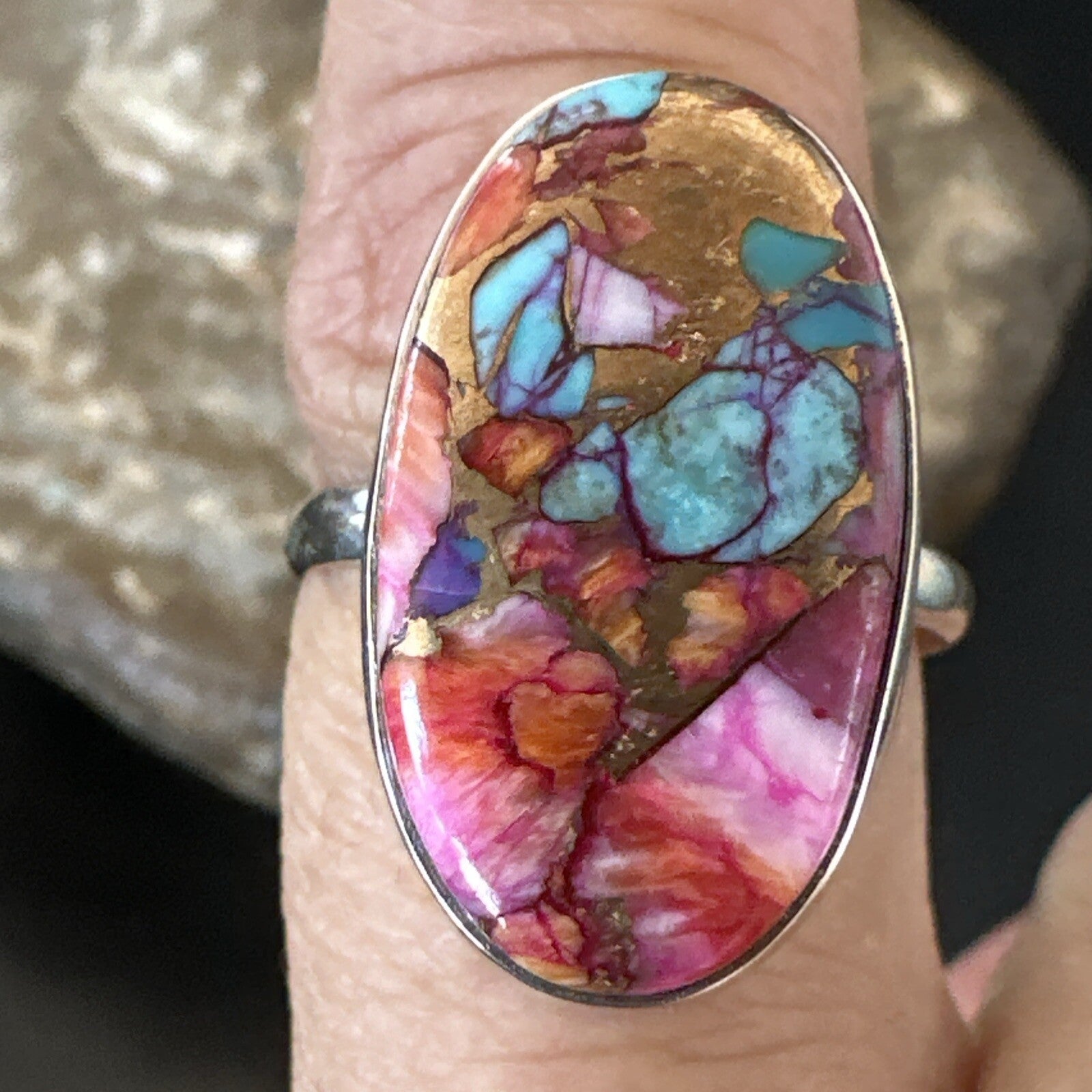 Blue Turquoise Spiny Oyster Southwestern Sterling Silver Ring Size 11 18451