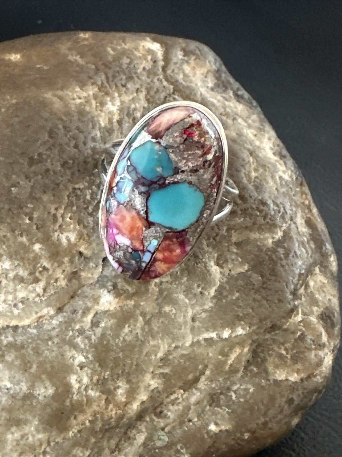 Blue Turquoise Purple Spiny Oyster Navajo Sterling Silver Ring Size 10 18206