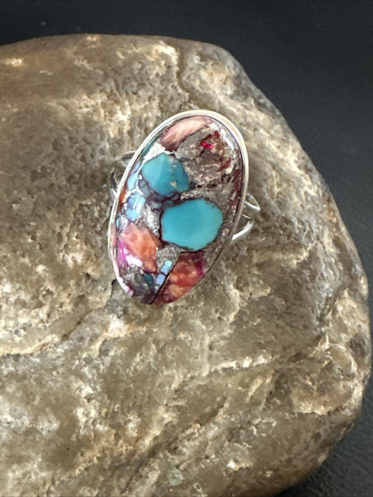 Blue Turquoise Purple Spiny Oyster Navajo Sterling Silver Ring Size 10 18206