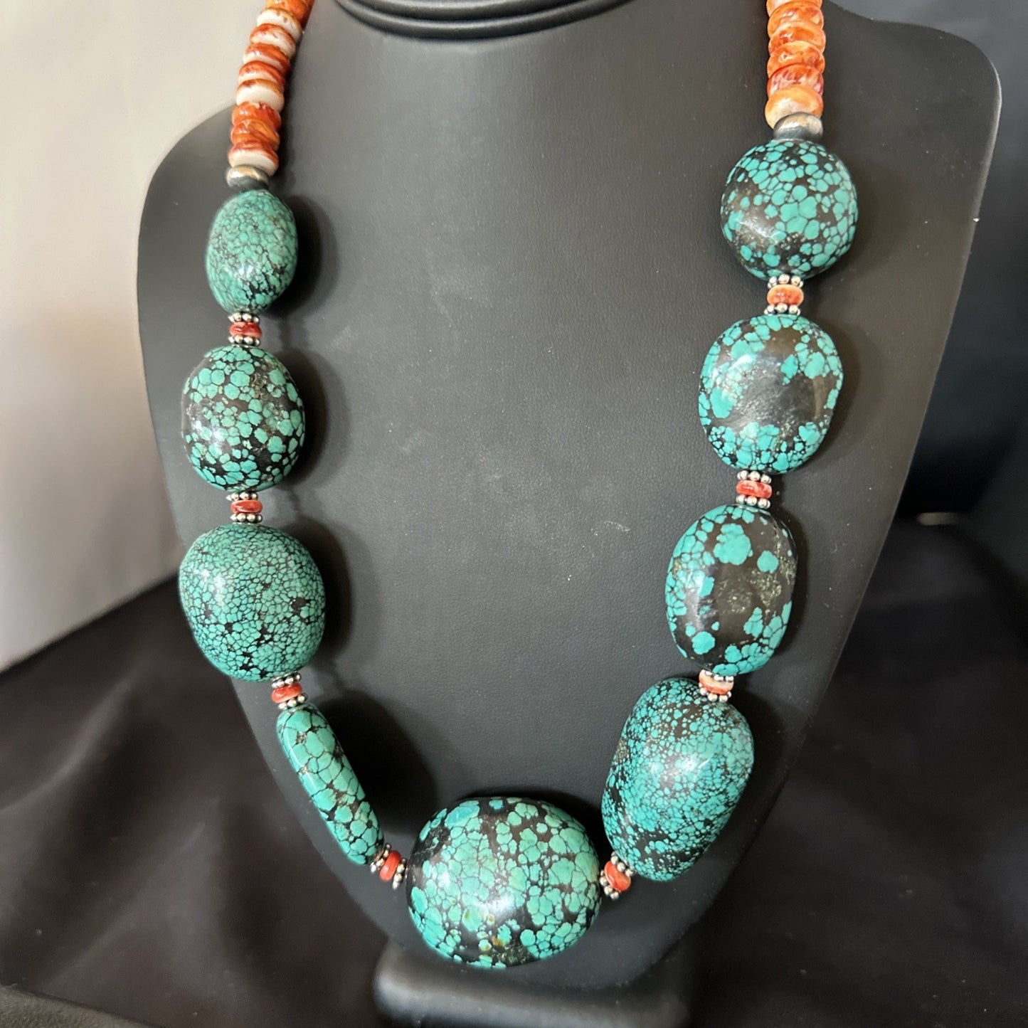 Blue Turquoise Red Spiny Chunky Navajo Sterling Silver Necklace 22” 19248
