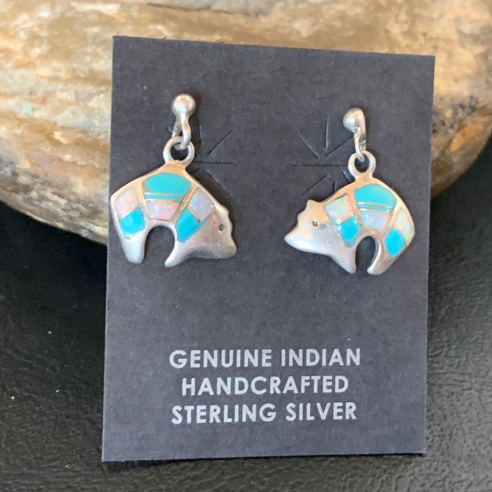 Womens Turquoise White Opal Inlay Navajo Sterling Silver Dangle Earrings 12773