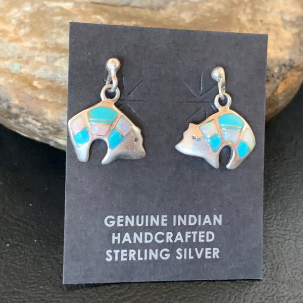 Women's Turquoise White Opal Inlay Navajo Dangle Earrings | Sterling Silver | Authentic Native American Handmade | 12773