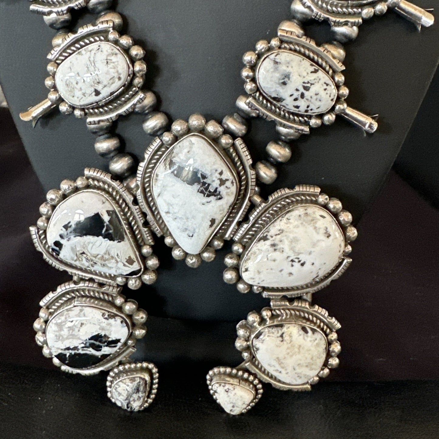 White Buffalo Turquoise Pendant Navajo Sterling Silver Squash Necklace 19305