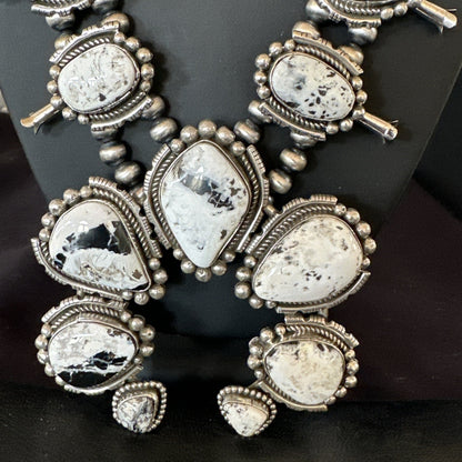 White Buffalo Turquoise Pendant Navajo Sterling Silver Squash Necklace 19305