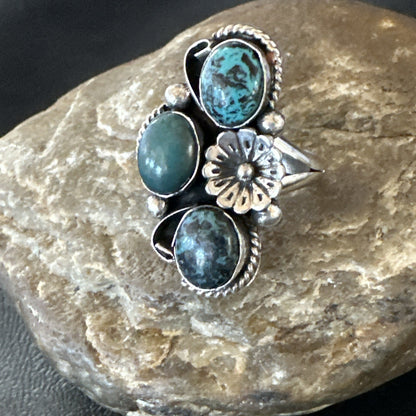 Yazzie Ring Blue Turquoise Navajo Sterling Silver Cluster Size 8.5 19238