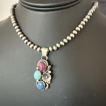 Multicolor Turquoise Lapis Navajo Sterling Silver Cluster Pendant Necklace 19246
