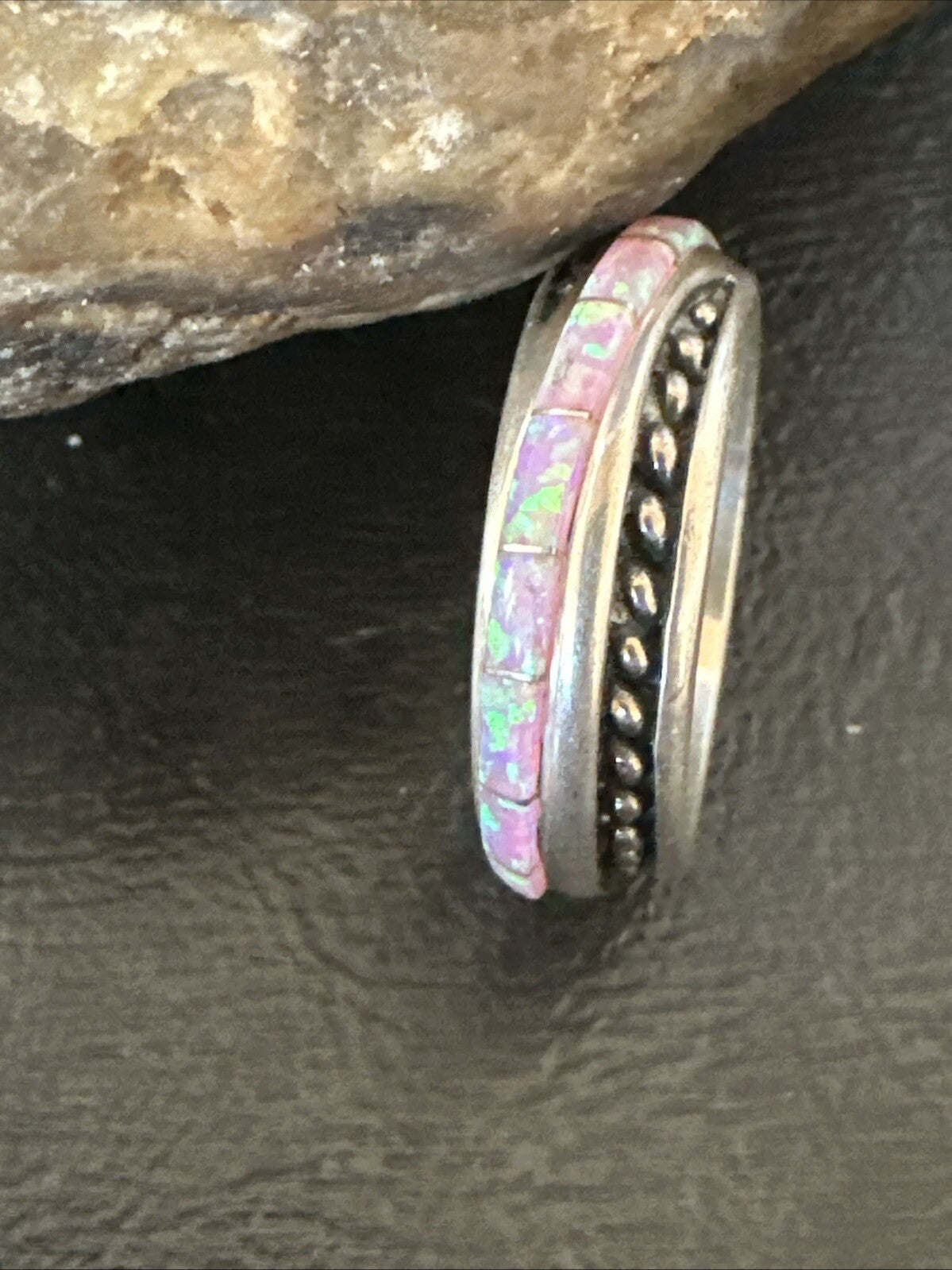 Pink Opal Navajo Sterling Silver Band Inlay Ring Size 9 18784