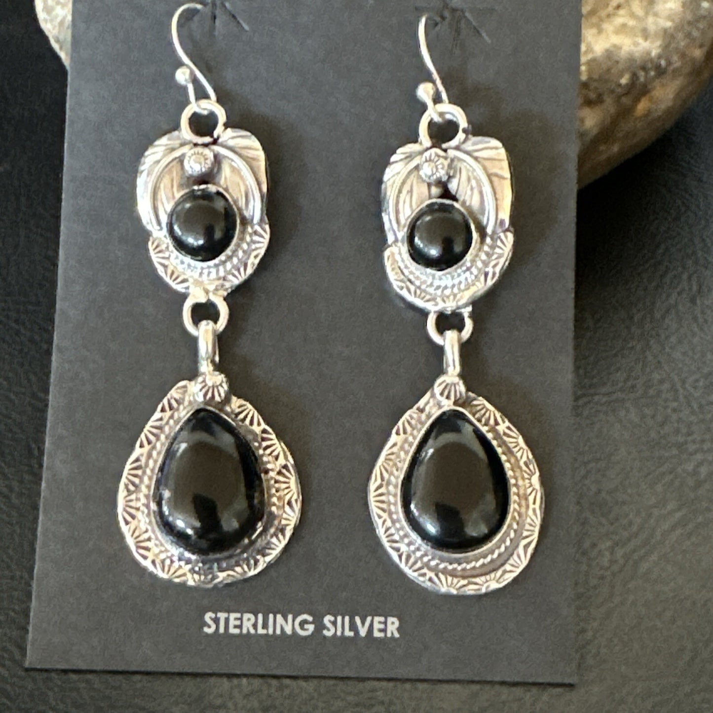 Black Onyx Navajo Sterling Silver Dangle Earrings 1.5" 18289