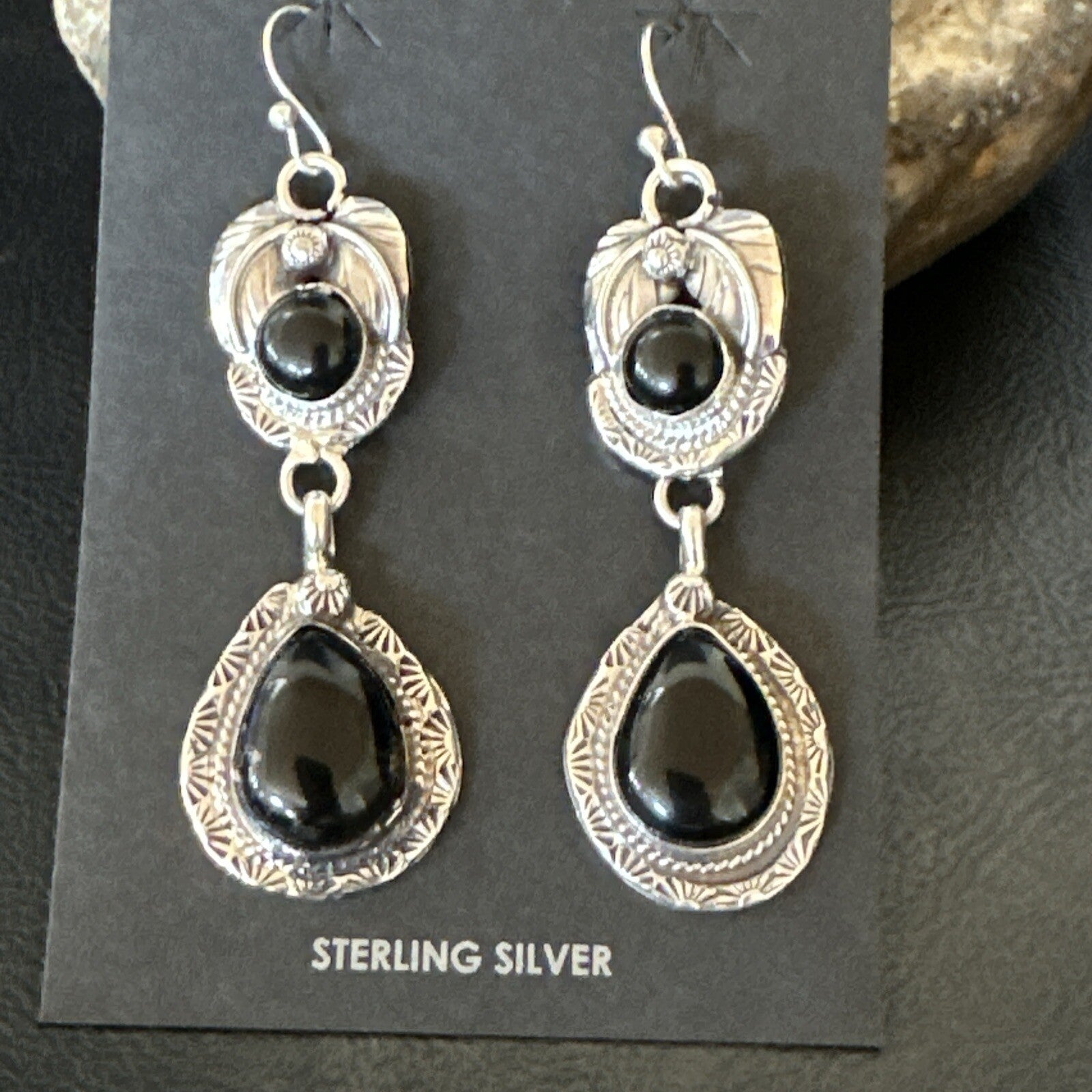 Black Onyx Navajo Sterling Silver Dangle Earrings 1.5" 18289