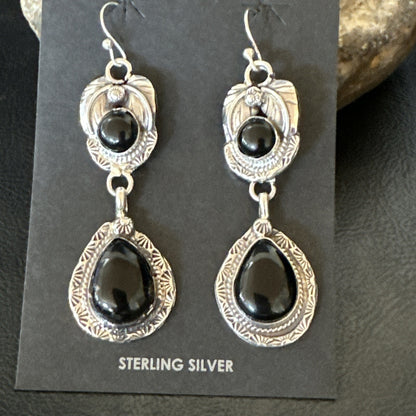 Black Onyx Navajo Sterling Silver Dangle Earrings 1.5" 18289