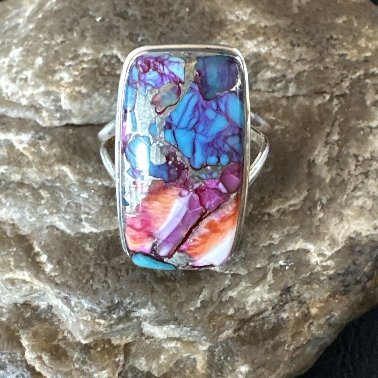 Blue Turquoise Spiny Oyster Southwestern Sterling Silver Ring Size 9 19059