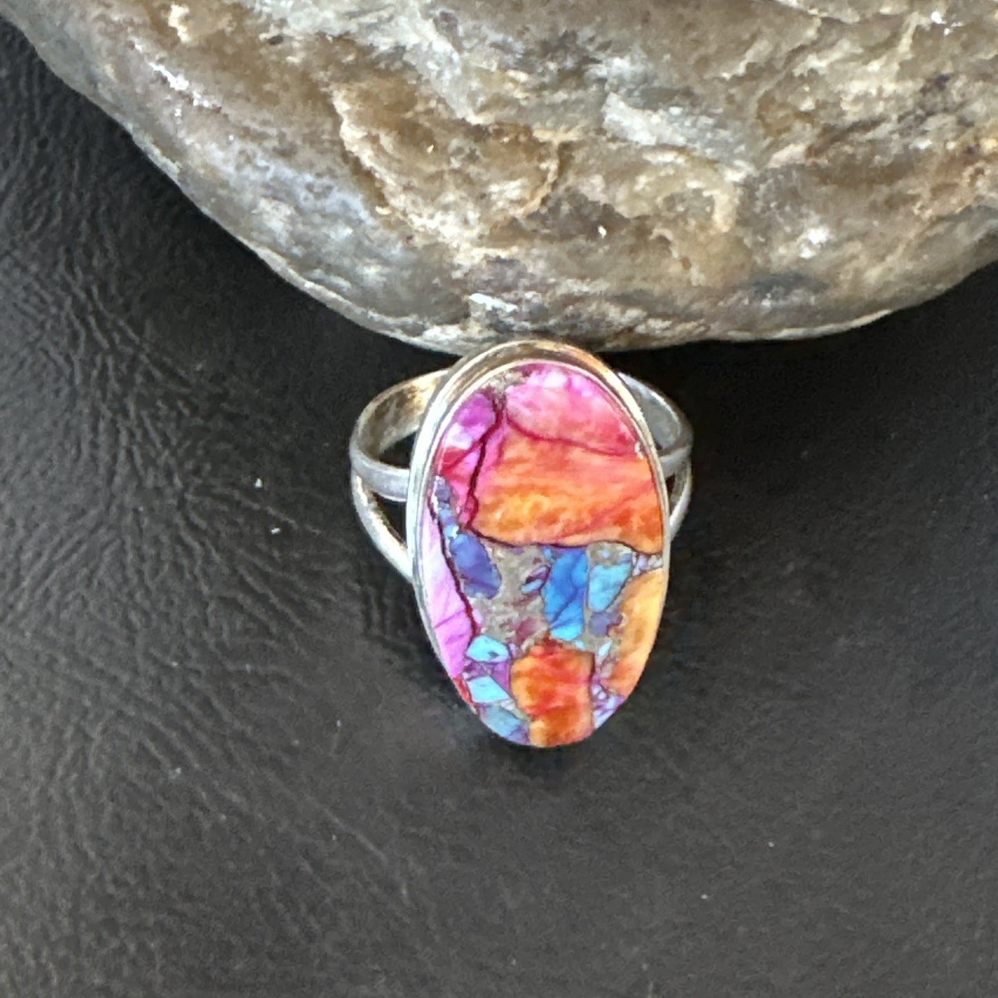 Blue Turquoise Spiny Oyster Southwestern Sterling Silver Ring Size 10 19057