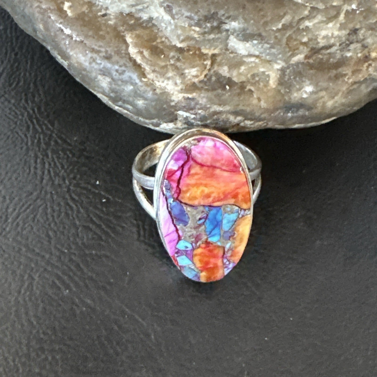Blue Turquoise Spiny Oyster Southwestern Sterling Silver Ring Size 10 19057