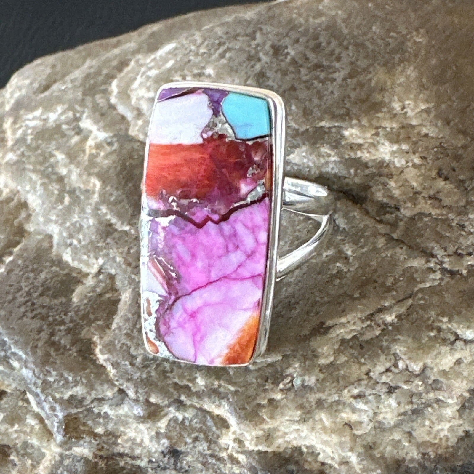 Blue Turquoise Spiny Oyster Navajo Sterling Silver Ring Size 7 18228