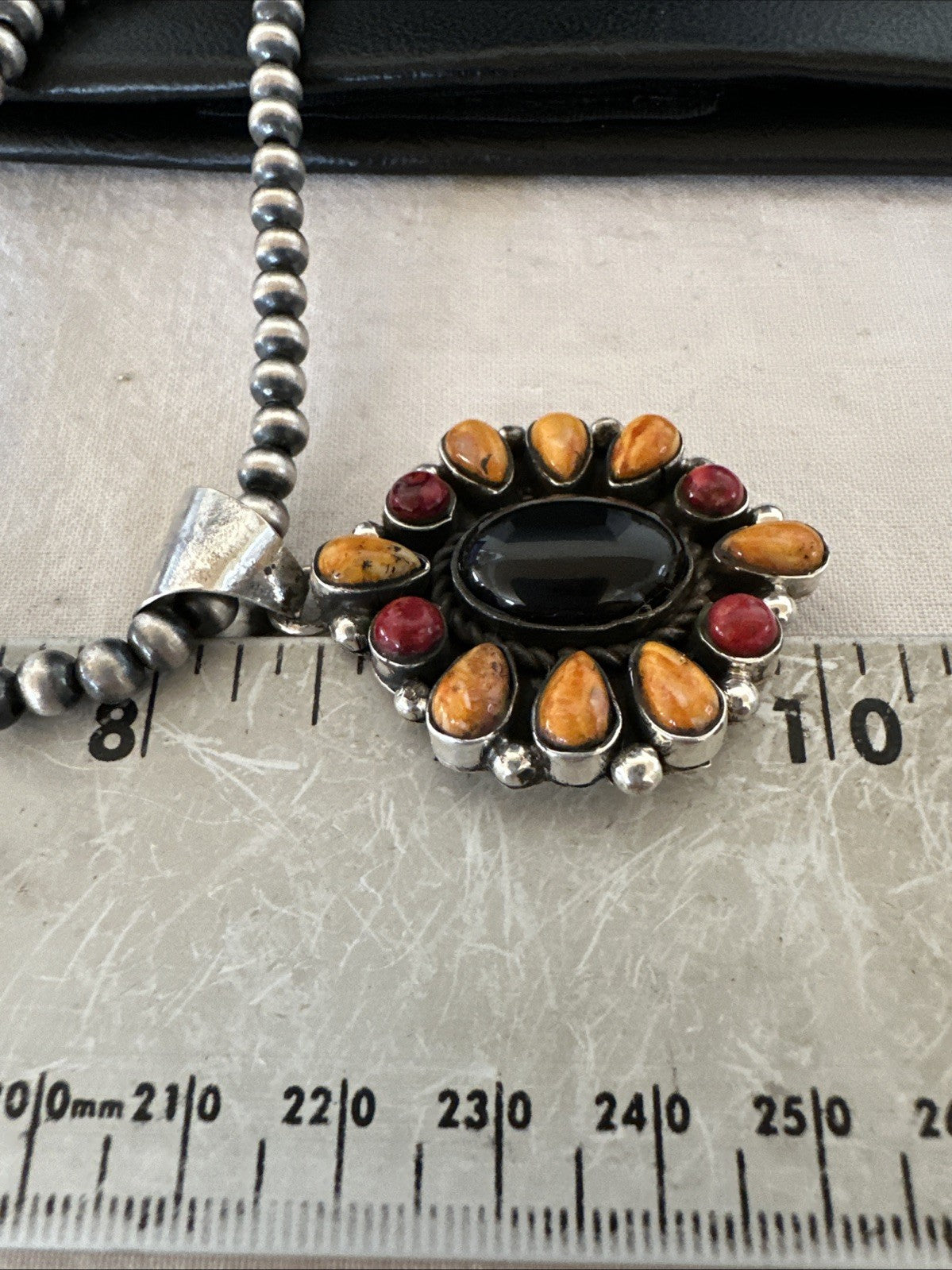 Onyx Coral Orange Spiny Navajo Sterling Silver Cluster Pendant Necklace 19566