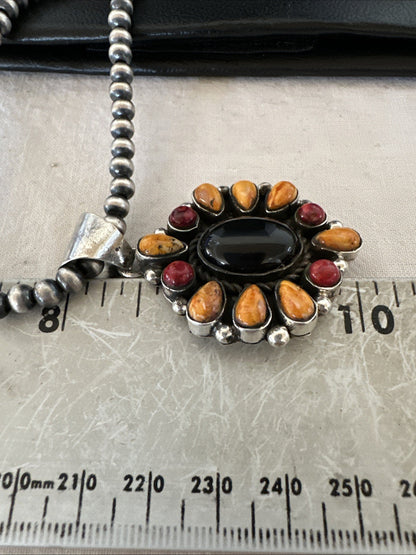 Onyx Coral Orange Spiny Navajo Sterling Silver Cluster Pendant Necklace 19566