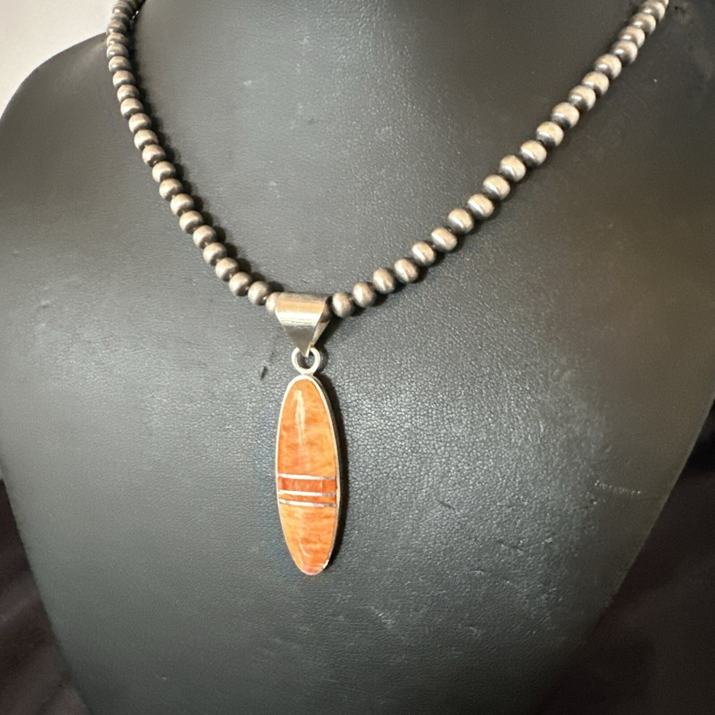 Native Navajo Sterling Silver Orange Spiny Oyster Necklace Inlay Pendant 17811