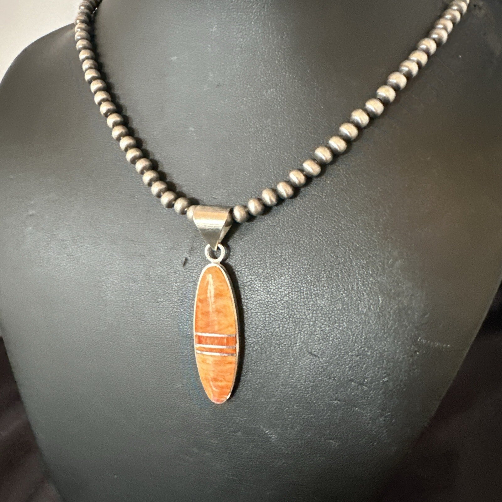 Native Navajo Sterling Silver Orange Spiny Oyster Necklace Inlay Pendant 17811