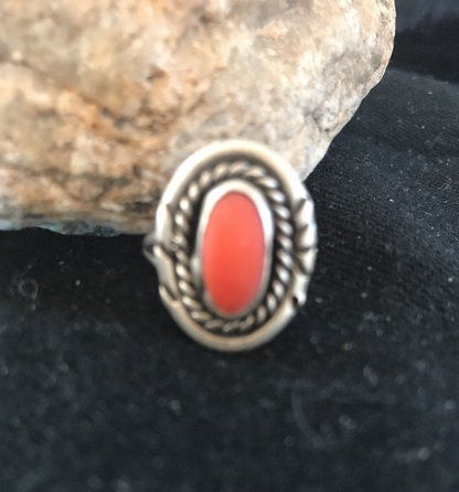 Red Coral Navajo Sterling Silver Old Pawn Ring Size 6 03485