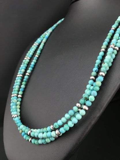 Turquoise 3 Strands Southwestern Sterling Silver Necklace 21" 01097