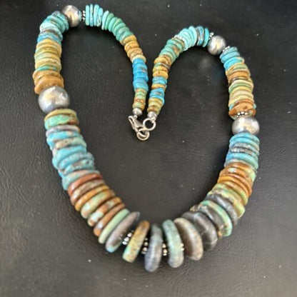 Navajo Blue Green Turquoise Bead Necklace Sterling Silver 20" 14239