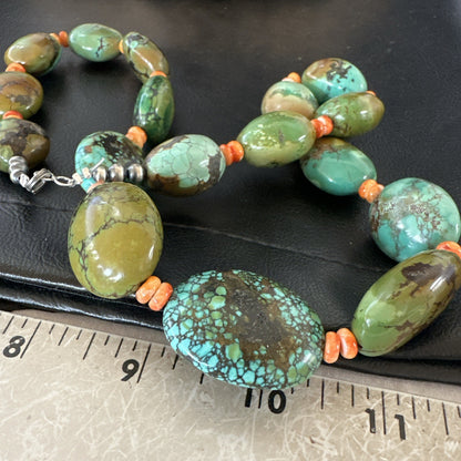 Blue Green Turquoise Spiny Chunky Navajo Sterling Silver Necklace 22” 19253