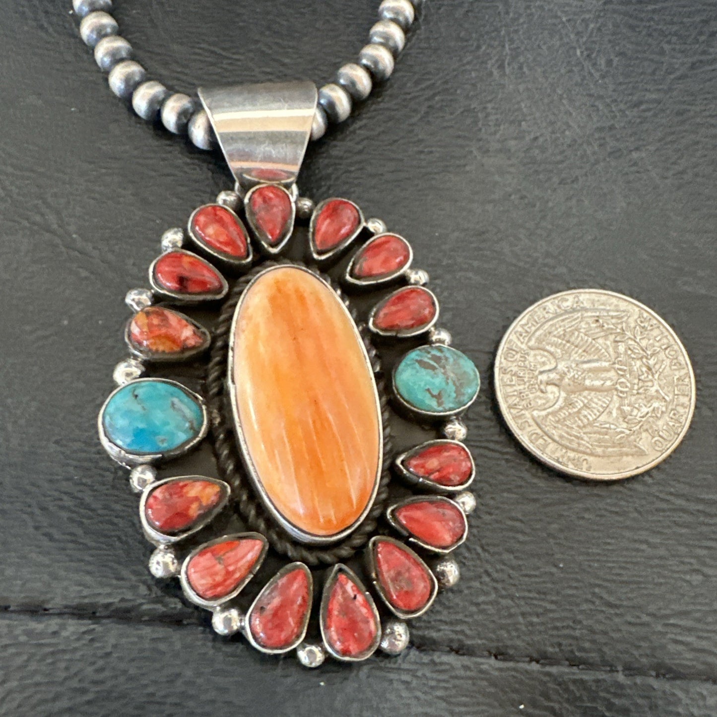Multicolor Turquoise Spiny Navajo Sterling Silver Cluster Pendant Necklace 19564