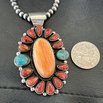 Multicolor Turquoise Spiny Navajo Sterling Silver Cluster Pendant Necklace 19564