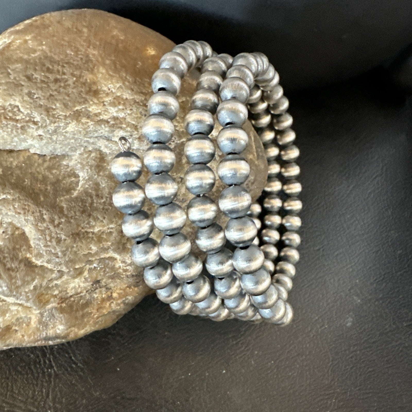 Sterling Silver Navajo Pearls 6mm Beads Stainless Steel Wire Wrap Bracelet 19021