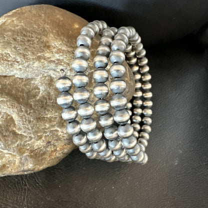 Sterling Silver Navajo Pearls 6mm Beads Stainless Steel Wire Wrap Bracelet 19021