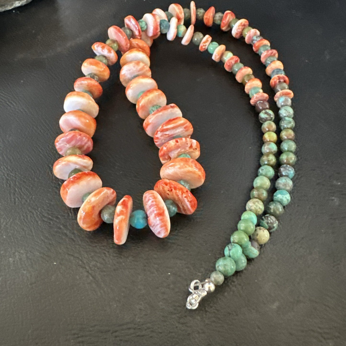 Red Spiny Oyster Green Turquoise 23” Long Navajo Sterling Silver Necklace 17762